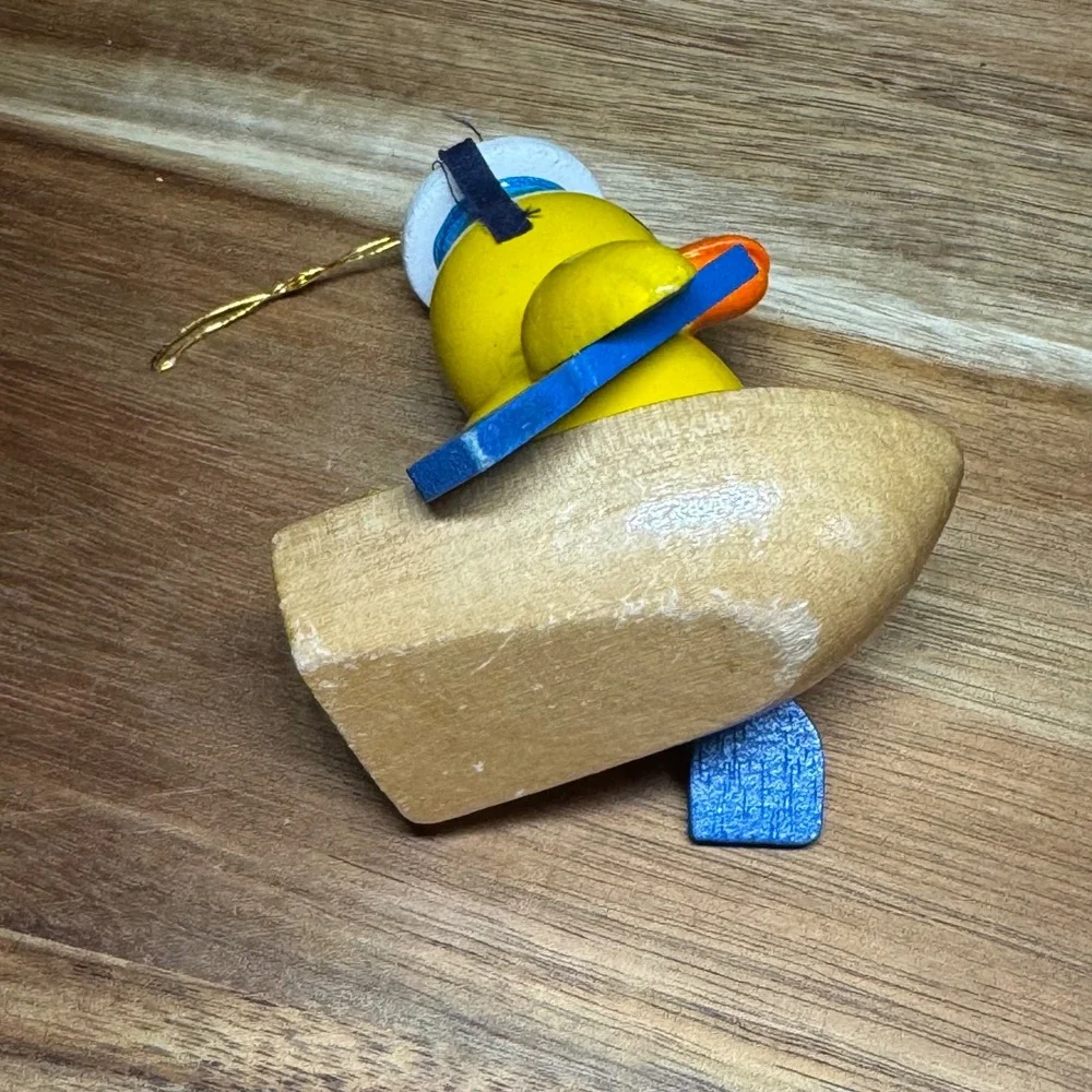 Vintage Wooden Duck Sailor Ornament Rowing Boat Nautical Hand Painted Yellow Oar
